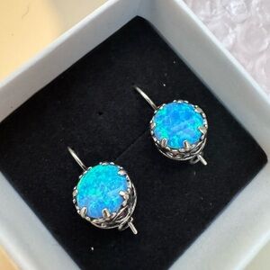 Radiant Blue Opal Earrings in Sterling  Silver Setting